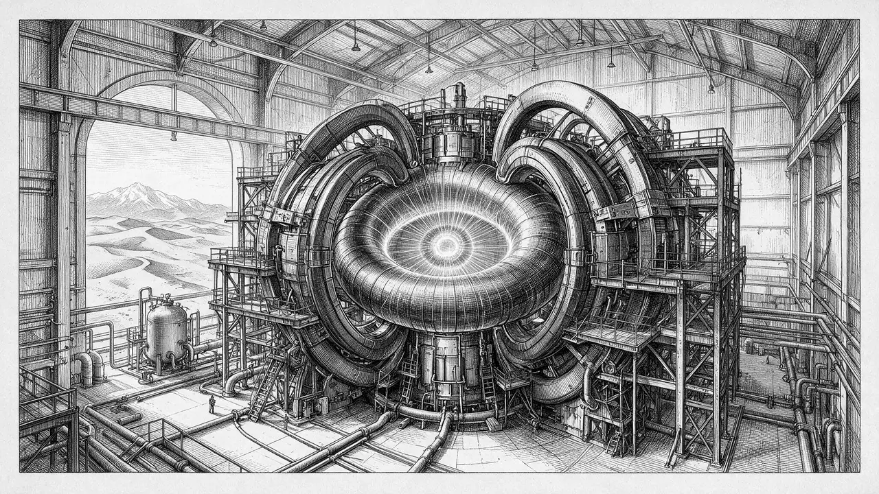 Engraving — a toroidal tokamak fusion reactor with a glowing ring of plasma, an 'artificial sun', in a desert reactor hall