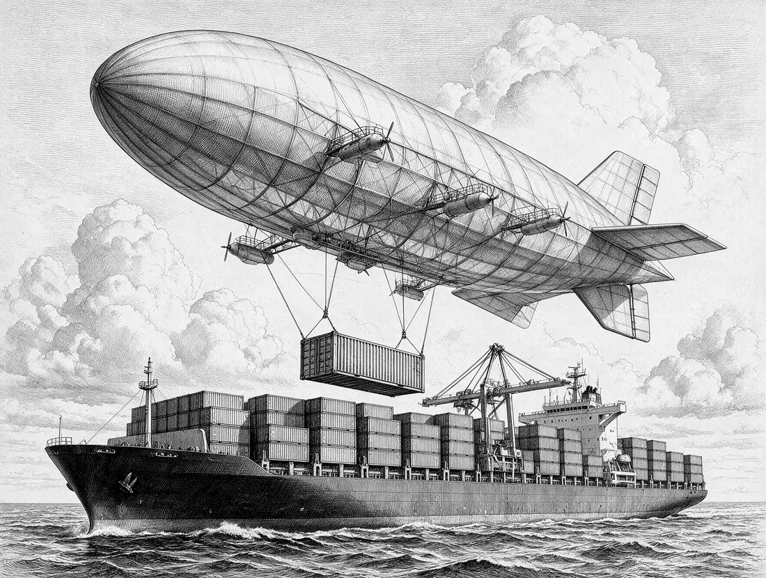 Engraving — a cargo airship lowering a container onto the deck of an ocean container ship